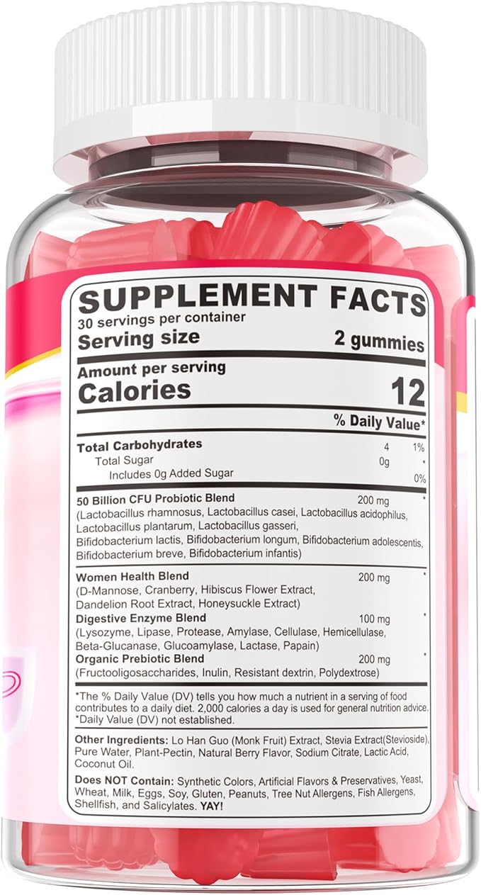 Vaginal Probiotics Gummies for Women PH Balance Odor Control with Prebiotics Cranberry D-Mannose Promotes Feminine Healthy Vaginal Flora Urinary Tract Yeast Digestive Support Sugar Free120Cts