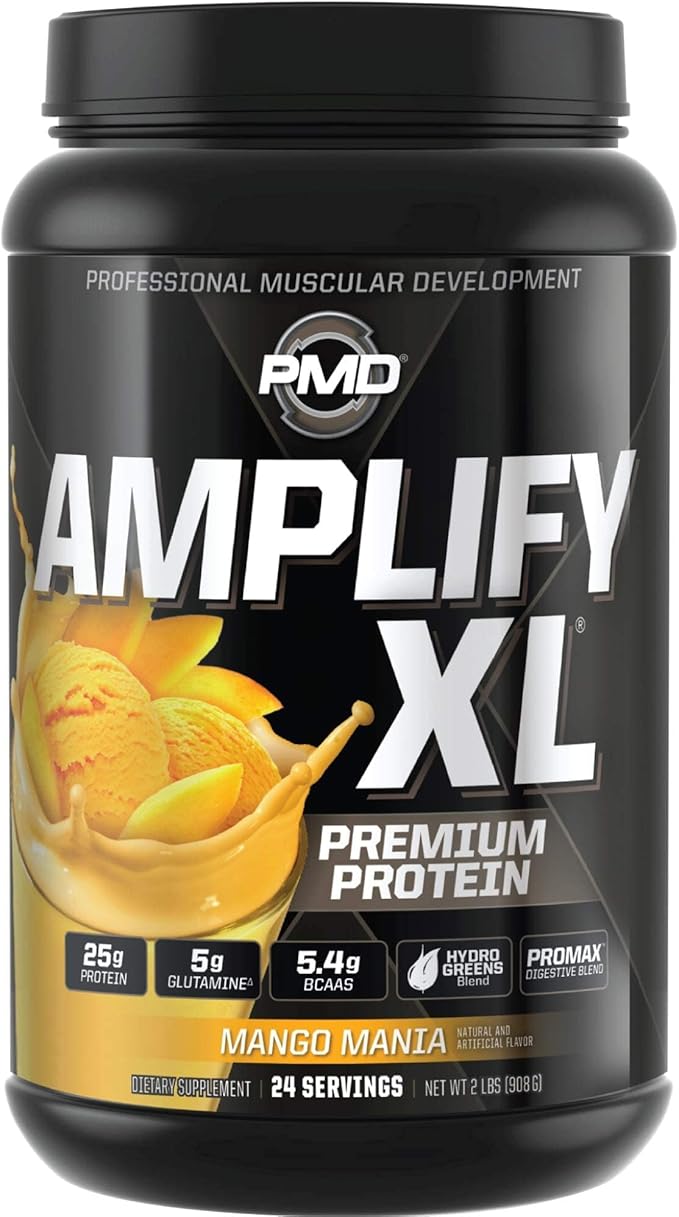 PMD Sports Amplify XL Premium Whey Protein Supplement Hydro Greens Blend - Glutamine and Whey Protein Matrix with Superfood for Muscle Strength and Recovery - Mango Mania (24 Servings)