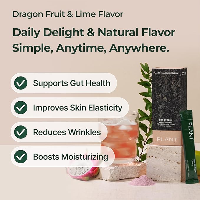 PLANT Vegan Collagen Peptide Kombucha Powder Probioitics Vitamin C | 2000mg Tripeptide Vegetarian Collagen Booster Dragonfruit Lime |15 Packets Gut &amp Skin Health Anti-Aging Hydration Drink Mi