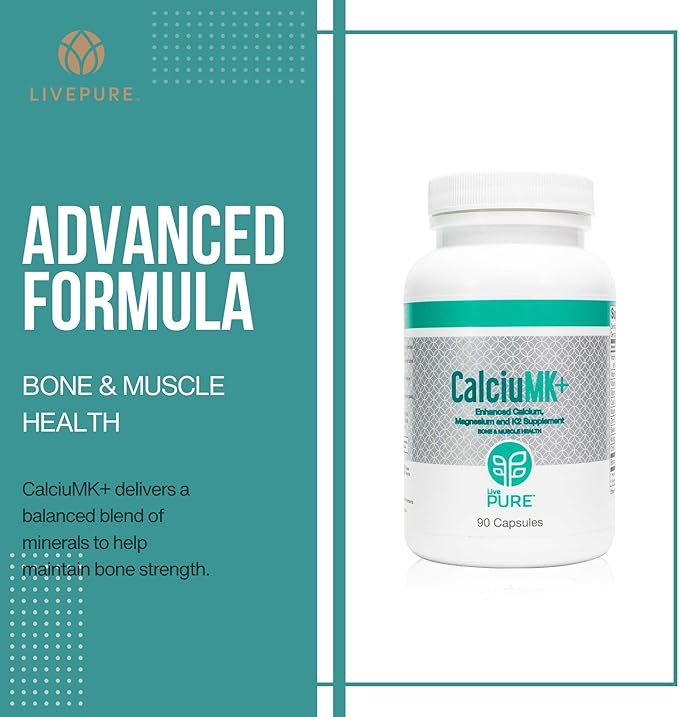PURE LivePURE CalciuMK+ Capsules | 90ct | Supports Bone Health Collagen Formation &amp Joint Mobility | Non-Dairy Lactose-Free Calcium Supplement for Skeletal Support