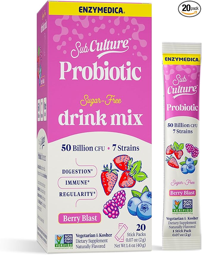 Enzymedica SubCulture Berry Blast Probiotic Powder Daily Drink Supports Gut Health &amp Immune Function Probiotics for Women and Men Sugar-Free 20 Stick Packs
