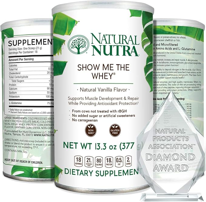 Natural Nutra Grass Fed Vanilla Show Me The Whey Protein Source Powder Enhance Digestion Improve Body Fluid Flow Support Bone Health and Boost Immunity Gluten Free Sugar-Free Non-GMO 13.3oz
