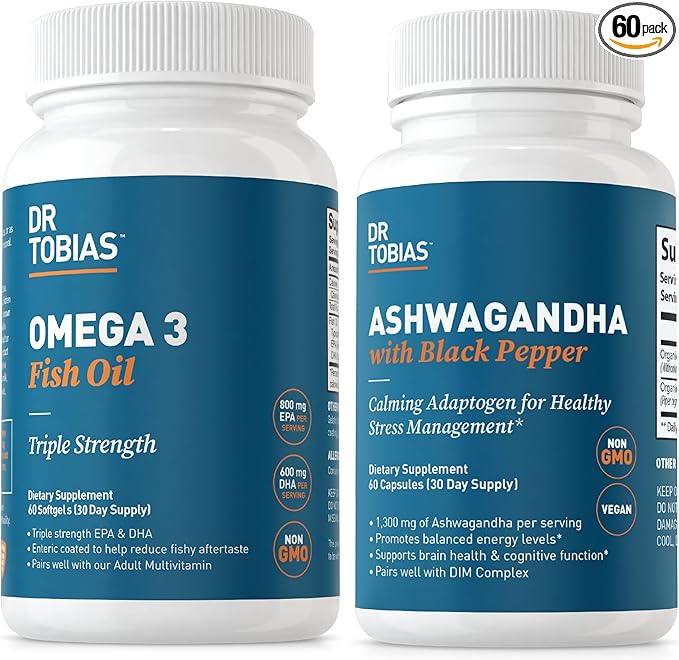 Dr. Tobias Omega 3 Fish Oil and Ashwagandha Capsules Support Overall Wellness &amp Balanced Energy &amp Resilience Non-GMO