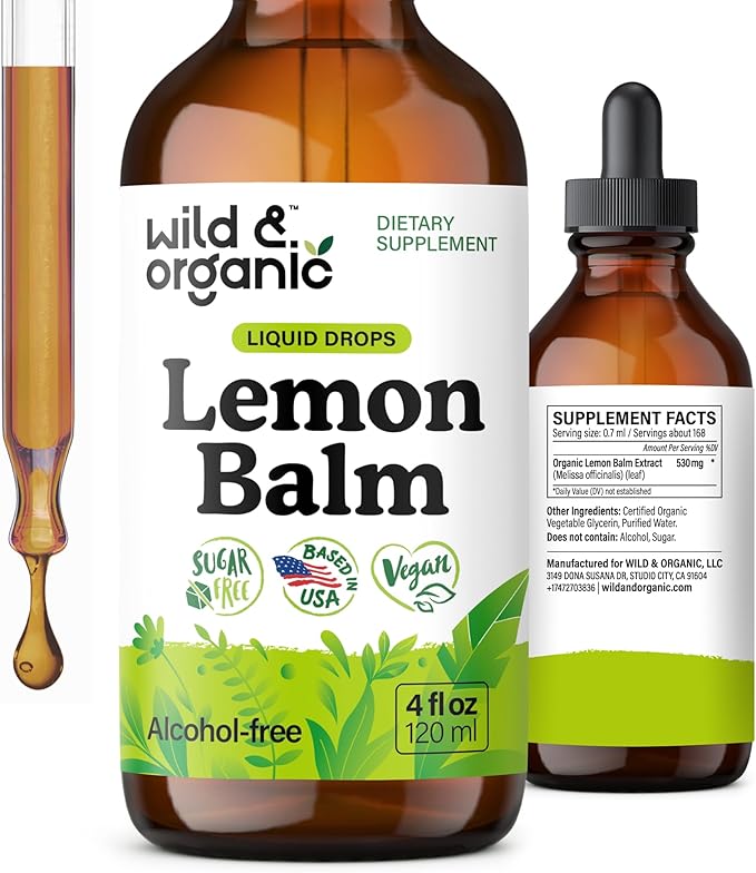 Wild &amp Organic Lemon Balm Tincture - Good Mood Support - Melissa Lemon Balm Extract Drops - Add to Tea for Relaxation - Vegan Sugar &amp Alcohol-Free Leaf Supplement - 4 fl oz