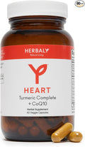 HERBALY Turmeric Complete Plus CoQ10 Capsules - Heart &amp Cardiovascular Support - CoQ10 Beet Extract Folate B12 Turmeric Red Root Hawthorn - Pure Organic Ingredients for Wellness - 60 ct