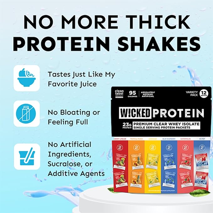 WICKED Protein Clear Whey Isolate Variety Pack 23g Protein 6 Flavors 95 Calories 0-1g Sugar Nothing Artificial No Sucralose Clean Label Project Certified Gluten Free 0g Lactose 12 Pack