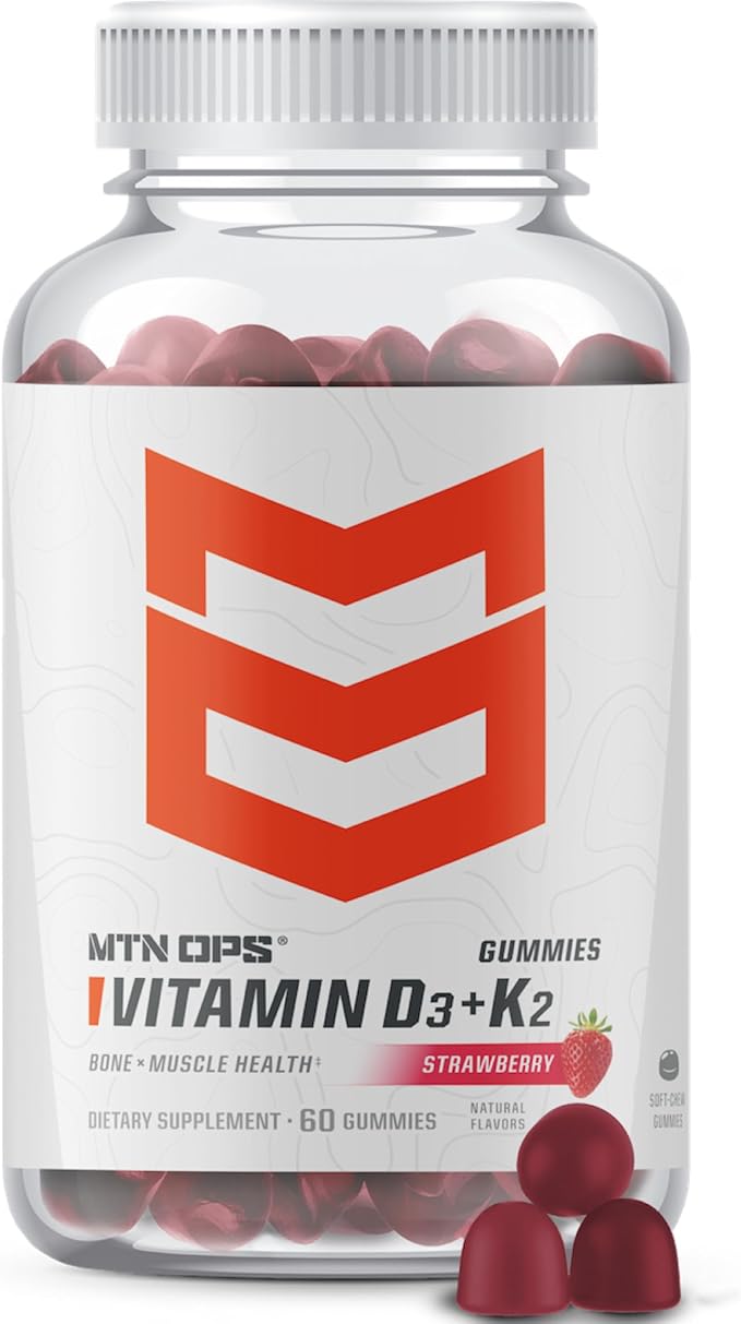 MTN OPS Vitamin D3 K2 Gummies 5000 IU Vitamin D3 and Vitamin K2 MK7 Naturally Gluten-Free with Natural Strawberry Flavor 60 Soft-Chew Gummies 60 Servings per Container