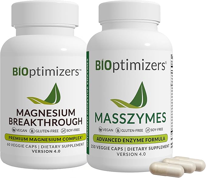 BiOptimizers Magnesium Breakthrough 4.0 (60 Capsules) &amp MassZymes 4.0 (250 Capsules) - Natural Sleep Brain and Digestive Health Support Supplement Bundle
