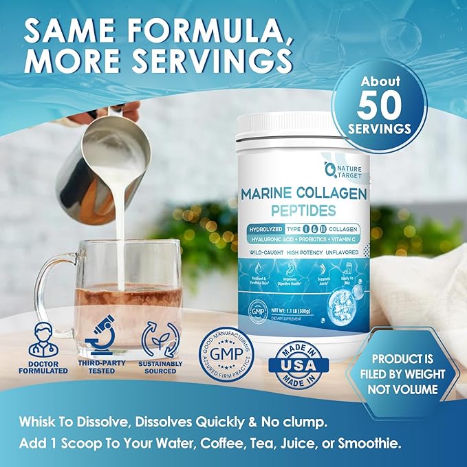 NATURE TARGET Marine Collagen Powder for Women - Multi Collagen Peptides with Hyaluronic Acid &amp Vitamin C for Hair Skin Nails &amp Joints - Wild-Caught Fish &amp Grass-Fed Bovine 50 Servings