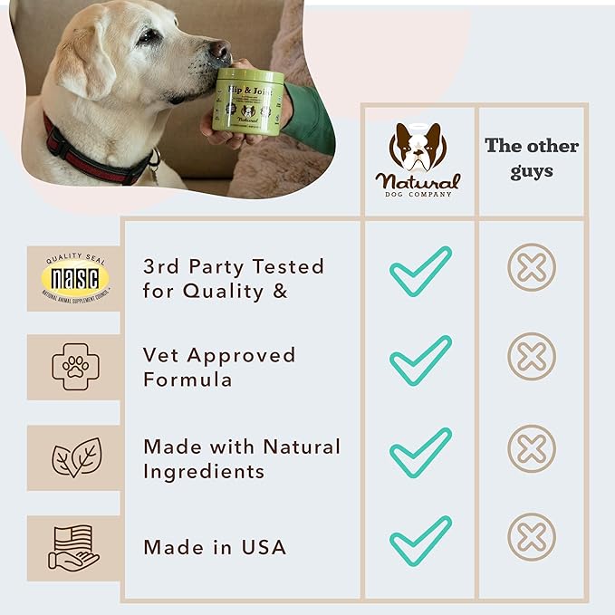 Natural Dog Company Hip &amp Joint Supplement Chew for Dogs – Supports Mobility Flexibility &amp Comfort Glucosamine Chondroitin MSM &amp Turmeric Chicken Flavor 90 Count