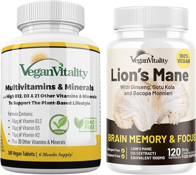 Vegan Vitality Lion's Mane x General Health Combo Bundle - 6 Months Lion's Mane and Multivitamins