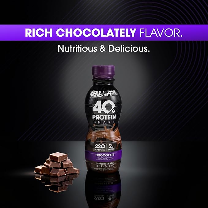 Optimum Nutrition 40g Protein Shake 40g of Protein Naturally Flavored Complete Protein Drink Chocolate 14 Fl Oz 12 Count (Pack of 1) (Packaging May Vary)