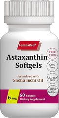 Free-Form Astaxanthin 6mg Softgel-60 Softgels Dietary Supplement Strongest Antioxidant Immune Supports Supports EyeJoint &amp Skin Health Formulated with Sacha Inchi Oil