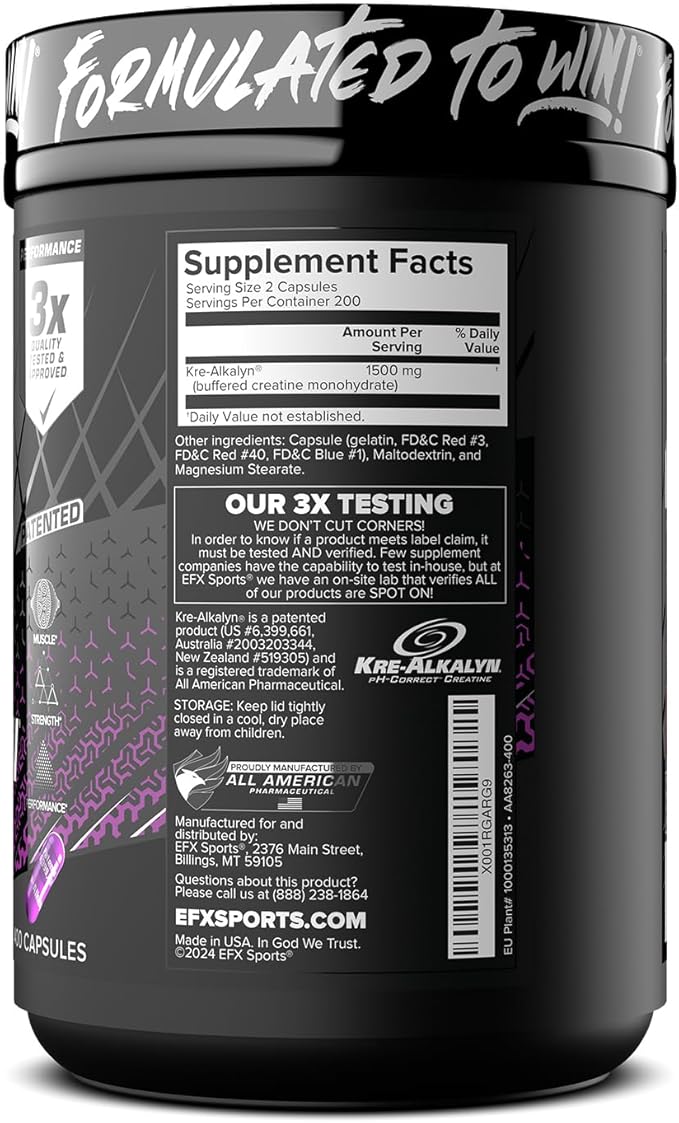 EFX Sports Kre-Alkalyn EFX | pH Correct Creatine Monohydrate Pill Supplement | Strength Muscle Growth &amp Performance | 200 Servings 400 Capsules