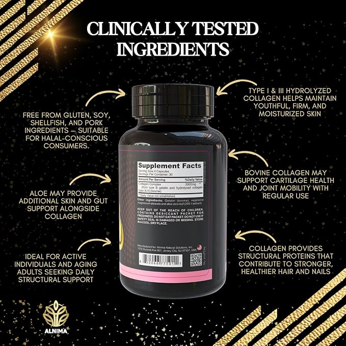 Halal Collagen Peptides Complex 750 mg – Type I &amp III Hydrolyzed Collagen for Skin Hair &amp Nails Support | 120 Capsules – Halal Certified Non-GMO Made in USA