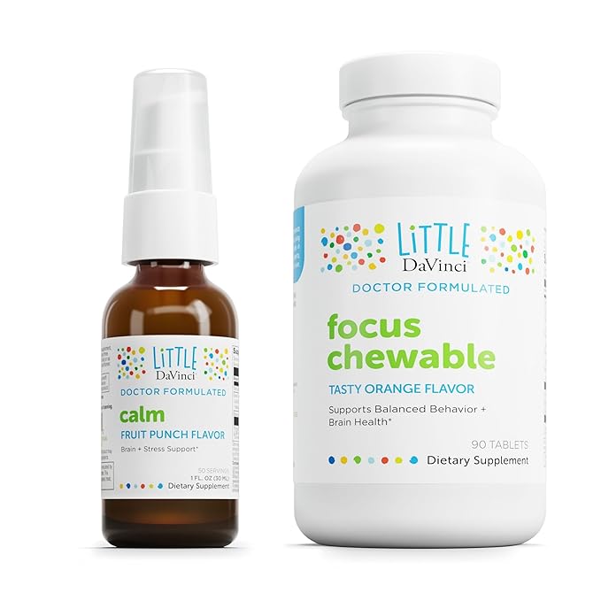 DAVINCI Little Children’s Bundle: Calm (Fruit Punch 1oz) &amp Focus Chewable (Orange 90 Tabs) - Helps Support Brain Health &amp Sleep for Kids*