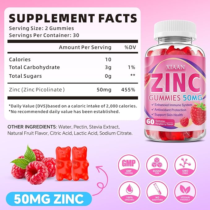 Zinc Gummies for Kids &amp Adults Chewable Zinc Supplements for Women &amp Men Supports Immune System &amp Cellular Health &amp Antioxidant Protection Vegan/Sugar-Free Raspberry Flavor 120 Coun