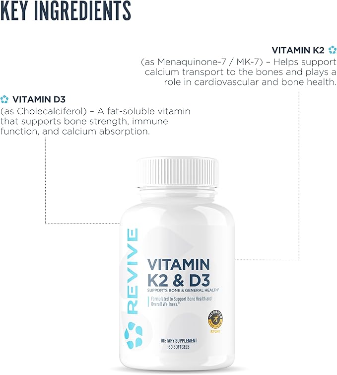 REVIVE MD Vitamin D3 &amp K2 - Supports Bone Health &amp Muscle Strength - K2 &amp D3 Vitamin Supplement for Women &amp Men Health &amp Brain Function (60 Servings)