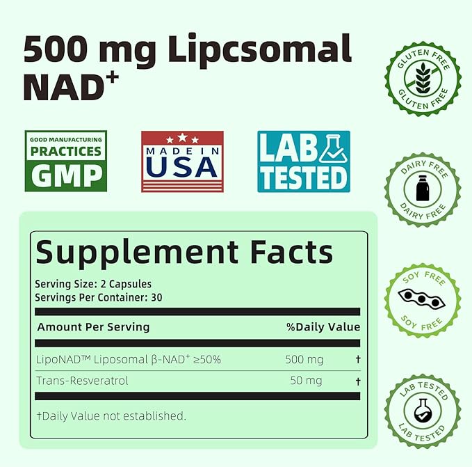 Liposomal NAD+ with Resveratrol - NMNH Supplement Alternative - High Purity NAD Supplement for Anti-Aging Energy Focus - 60 Capsules