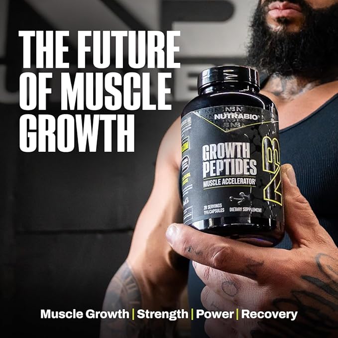 NutraBio Growth Peptides |Muscle Accelerator with DiLeucine &amp PeptiStrong | Peptides for Muscle Growth Men &amp Women- 28 Servings- 196 Capsules