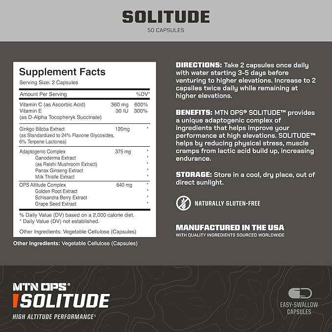 MTN OPS Solitude High-Altitude Performance Adaptogenic Complex - Reishi Mushroom &amp Milk Thistle Altitude Complex - Golden Root Schisandra and Grapeseed Extracts 25 Servings Veggie Capsules