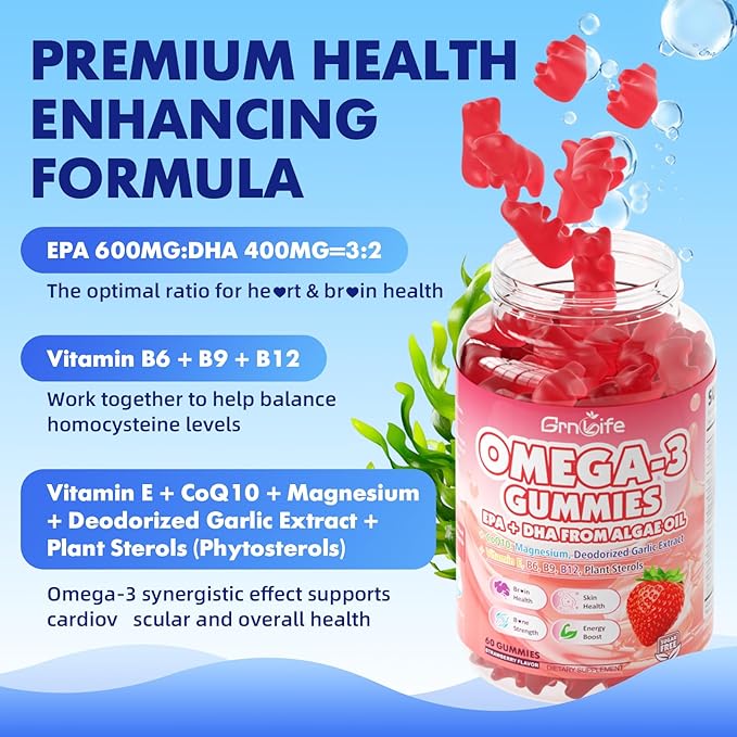 2 Pack Vegan Omega 3 Gummies 1000mg+CoQ10+Magnesium - w/Algae EPA 600mg &amp DHA 400mg Fish Oil Omega-3 Supplements Alternative for Adults for Brain Eye Immune Health Strawberry Flavor 120 Coun