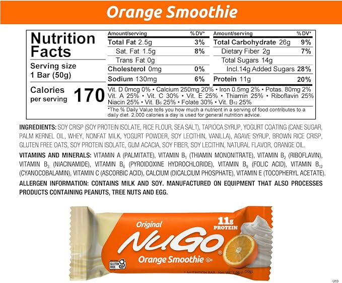NuGo Original Variety Vanilla Yogurt 15 bars &amp Orange Smoothie 15 bars 11g Protein Gluten Free 30 Count