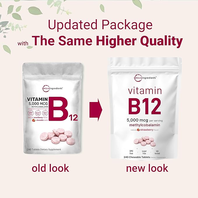 Micro Ingredients Vitamin B12 5000 mcg | Methylcobalamin – 240 Chewable Tablets | Fast Dissolve Natural Strawberry Flavor | Vegan Non-GMO Gluten Free