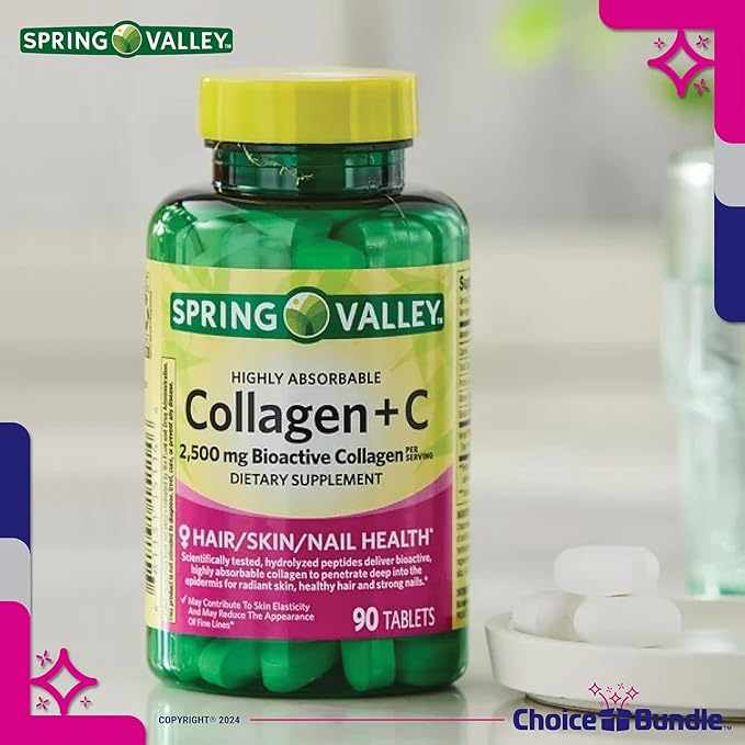 Spring Valley Highly Absorbable Collagen + Vitamin C Tablets Hair Skin Nail Health 2500 mg 90 Ct 2 pk (180 Total) + Vitamin Vitality &amp Pill Container (4 Items)!