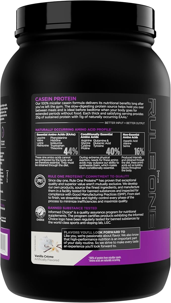 Rule 1 Casein Protein - 25g Protein and 11g EAAs Per Serving from Slow-Release Micellar Casein for Overnight Recovery and Sustained Delivery Between Meals (2 Pounds* Vanilla Crème)