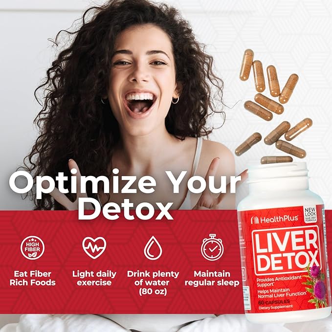 Health Plus Liver Detox Natural Herbal Liver Support &amp Detox Supplement with Milk Thistle Dandelion and Turmeric Root 60 capsules