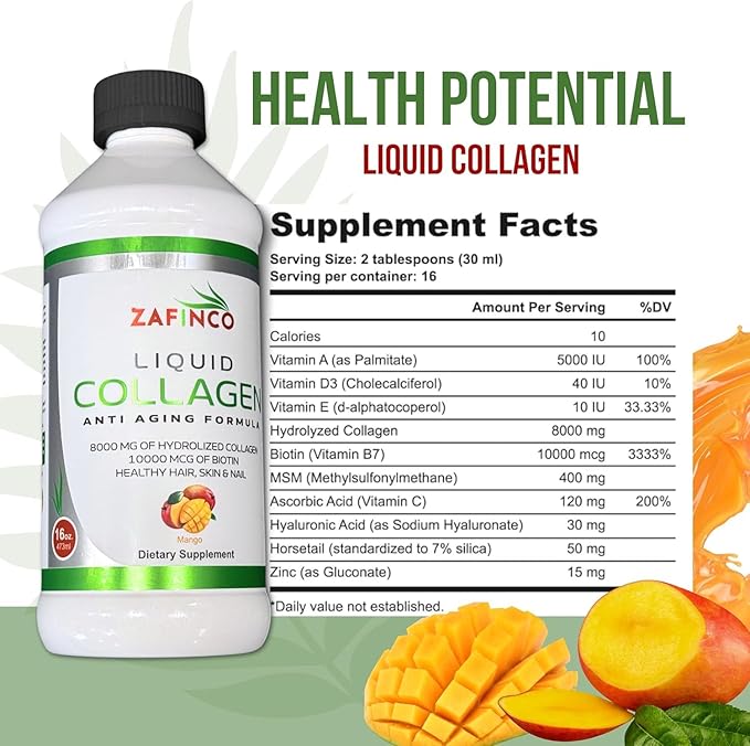 ZAFiNCO Liquid Collagen Peptides for Women &amp Men-Mango Flavored 10000 mcg Biotin+8000 mg HydrolyzedSugar Free Premium Juice for Anti-AgingSkinHairNails &amp Joints -16 Fl oz-Made in USA (2Pac