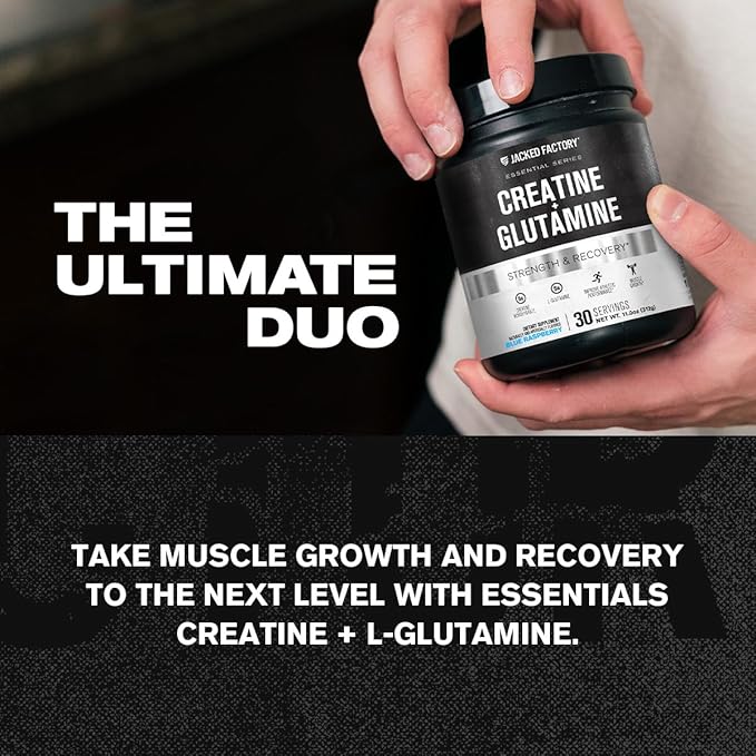 Jacked Factory Creatine + Glutamine - Creatine Supplement with L-Glutamine for Muscle Recovery Muscle Growth Increased Strength Enhanced Energy Output and Gut Health - 30 Servings Blue Raspberry