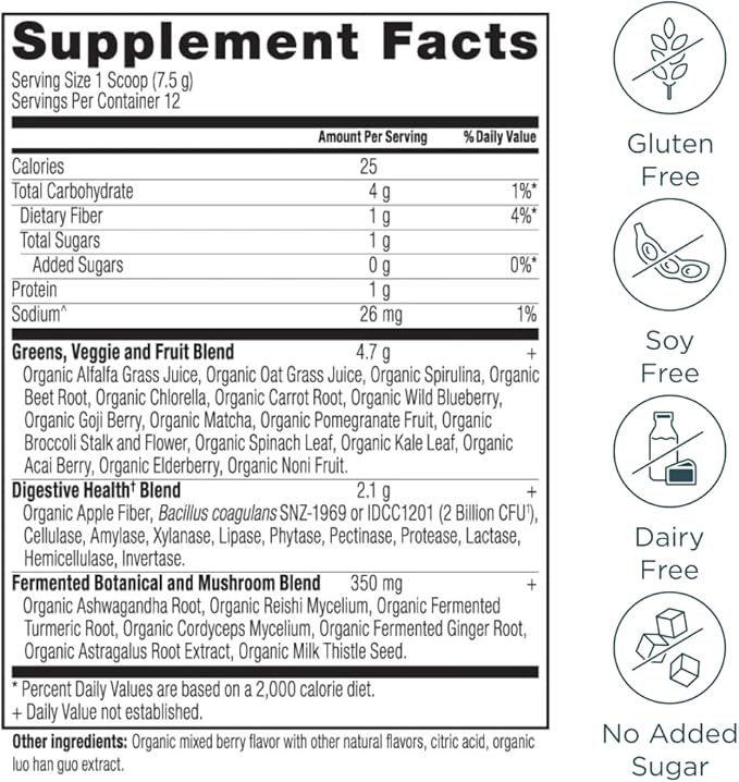 Ancient Nutrition Multi Collagen Protein Powder Vanilla 24 Servings + Organic Supergreens Powder Berry 12 Servings