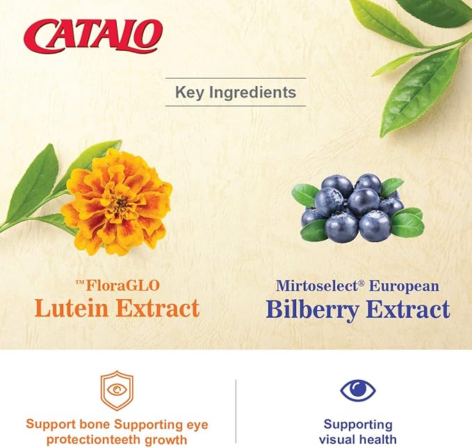 CATALO Children’s Eye Health Formula Chewable Tablets with Mirtoselect Bilberry Extract FloraGLO Marigold Extract Eyebright Taurine and Zinc for Eye Care - 60 Tablets