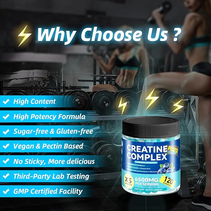 Creatine Monohydrate Gummies 6500mg per Serving for Men &amp Women - 120 Gummies X5 Strength Sugar Free Chewable Creatine for Muscle Builder Muscle Strength Pre-Workout Supplement (Blueberry)