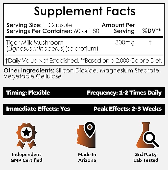 Nootropics Depot Tiger Milk Mushroom Capsules | 300mg | 60 Count | Lignosus rhinocerus Sclerotium | Cognition Histamine &amp Respiratory Support