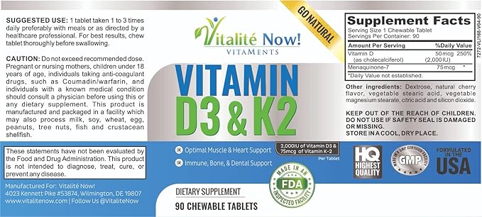 Best Vitamin D3 2000 IU + K2 - Optimized Absorption in Best Form MK7 for Lung Health Strong Bones &amp Healthy Heart - All Natural - Cherry Flavor - 90 Chewable Tablets - 3 Month Supply!