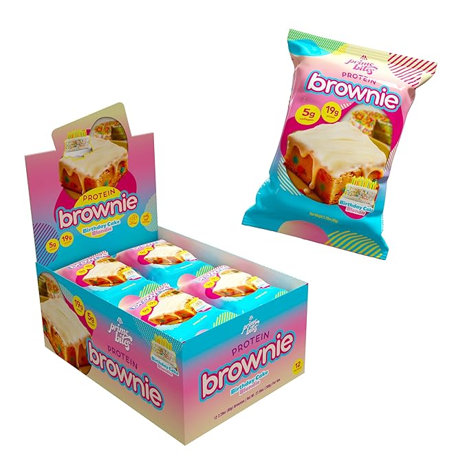 Prime Bites High Protein Brownie (12 Per Box Birthday Cake Blondie) - 19g of Protein 5g of Collagen Gluten Free Low Sugar Treat Delicious Protein Snack