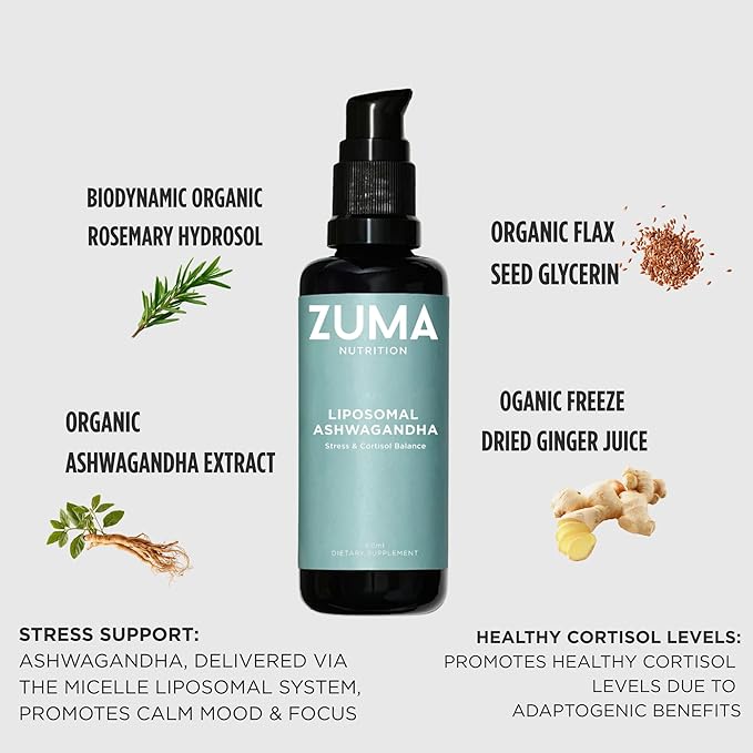 Zuma Nutrition Liposomal Ashwagandha Root Tonic Vegan Natural Supplement for Men and Women Herbal Health Liquid Formula for Longevity Support and Daily Wellness 60 ML Bottle