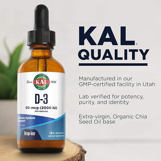 KAL Vitamin D3 2000 IU (50 mcg) DropIns - Liquid Vitamin D3 Drops - Bone Strength and Immune Support Supplement - Vegetarian 60-Day Guarantee Approx. 590 Servings 1.8oz