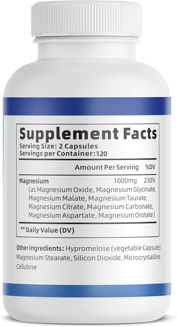 4 Pack 1000mg Magnesium Complex Capsules 8-in-1 Magnesium Glycinate Citrate Malate Taurate Oxide Carbonate Aspartate Orotate - 240 Capsules