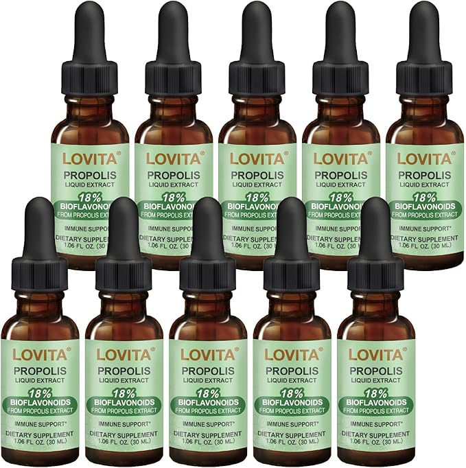 LOVITA 10 Bottles Value Pack Bee Propolis Liquid Extract 500mg 5:1 Resin Drops with 18% Bioflavonoids Alcohol-Free Antioxidant Immune Support &amp Throat Soothing