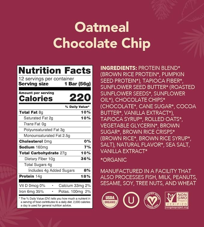 ALOHA Organic Plant Based Protein Bars - Oatmeal Chocolate Chip - 12 Count 1.9oz Bars - Vegan Snacks Low Sugar Gluten-Free Low Carb Paleo Non-GMO Stevia-Free No Sugar Alcohols