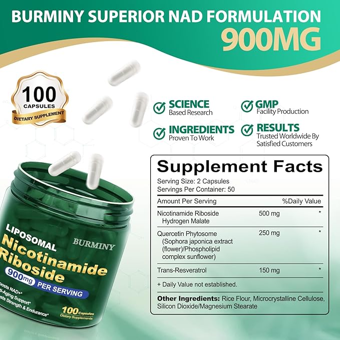 NAD Supplement NAD Nicotinamide Riboside Resveratrol 900mg Liposomal NAD Supplements for Women &amp Man High Purity NMNH Supplement Alternative for Anti-Aging Energy Focus - 2Pcs