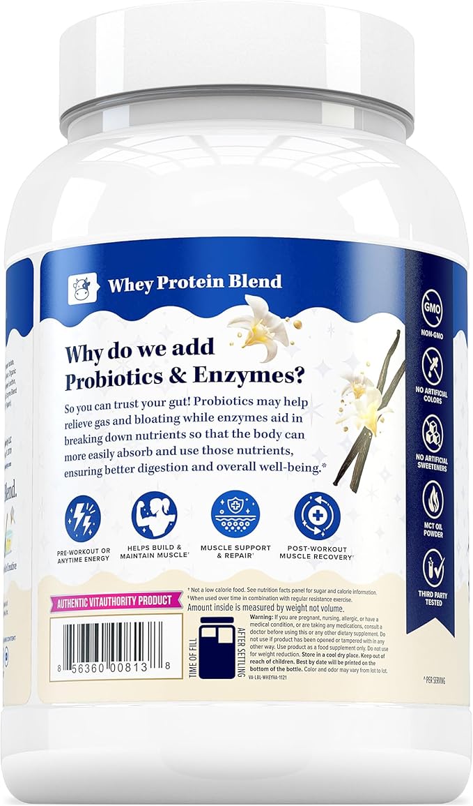 Vitauthority Whey Protein Powder for Women Whey Isolate Probiotics &amp Enzymes Supports Digestion Nutrient Absorption &amp Energy Post-Workout &amp Daily Nutrition Vanilla Flavored 30 Servings