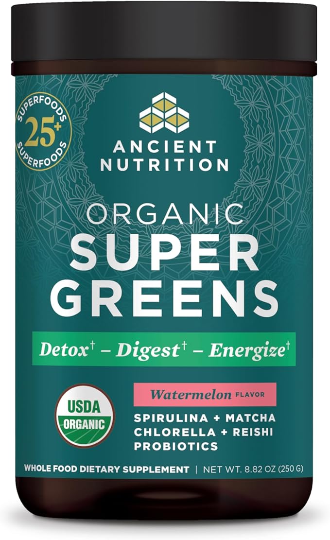 Ancient Nutrition SuperGreens Powder with Probiotics Organic Watermelon Flavor Greens Made from Real Fruits Vegetables and Herbs for Digestive and Energy Support 25 Servings 8.82oz