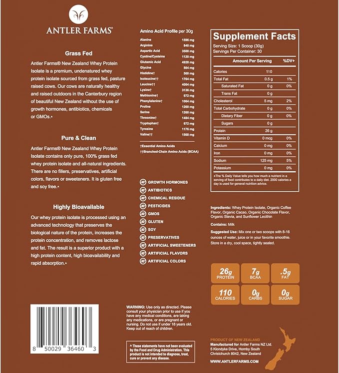 Antler Farms - 100% Grass Fed New Zealand Whey Protein Isolate Iced Mocha Flavor 2 lbs - Pure and Clean 6 Ingredients Cold Processed