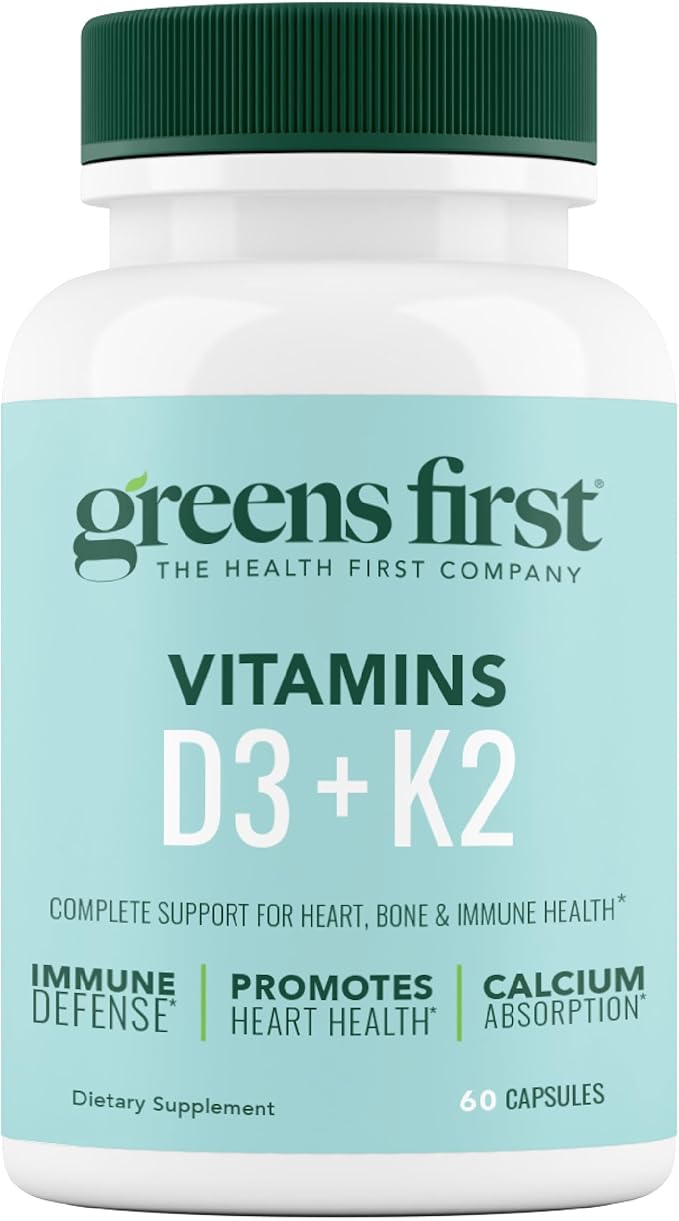 Greens First - Mint - 30 Servings - Greens Powder Superfood 49 Superfoods 15+ Organic Fruit &amp Vegetables Dairy Free Vegan &amp Non-GMO - 9.86 oz and D3+K2 Vitamins 60 Vegetable Capsules