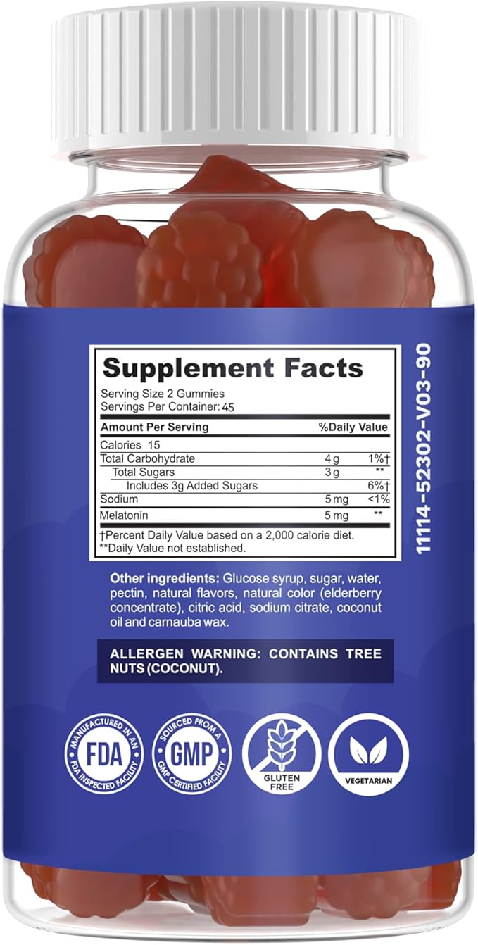 Melatonin Gummies Natural Sleep Support – Maximum Strength 5 mg Per Serving- Strawberry Flavor – Vegetarian - Gluten Free – 100% Natural – 90 Gummies